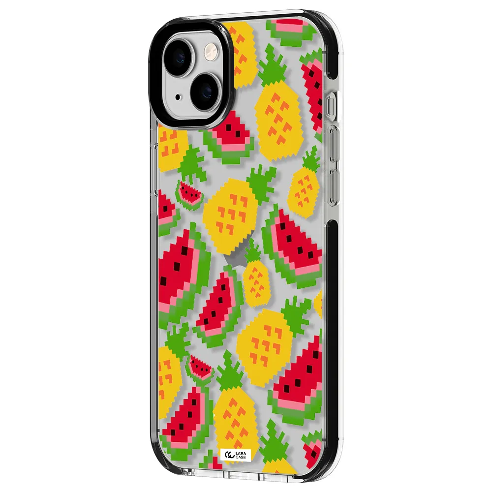 a pattern of watermelon and pineapples Apple iPhone 14 plus impact black border Case
