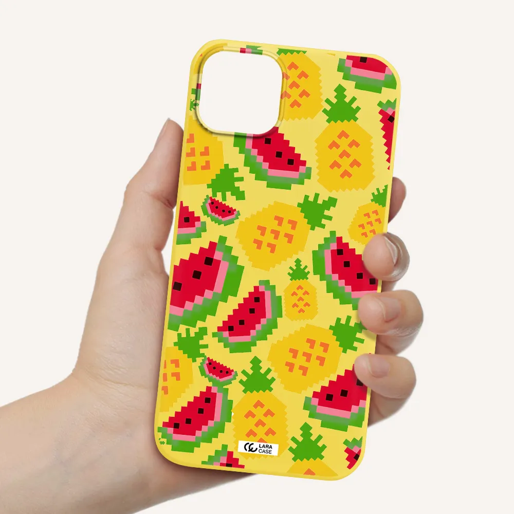 a pattern of watermelon and pineapples Apple iPhone 14 Silicone canary yellow Case