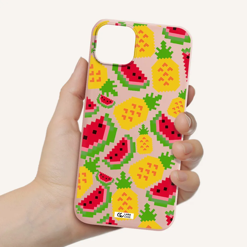 a pattern of watermelon and pineapples Apple iPhone 14 Silicone pastel pink Case