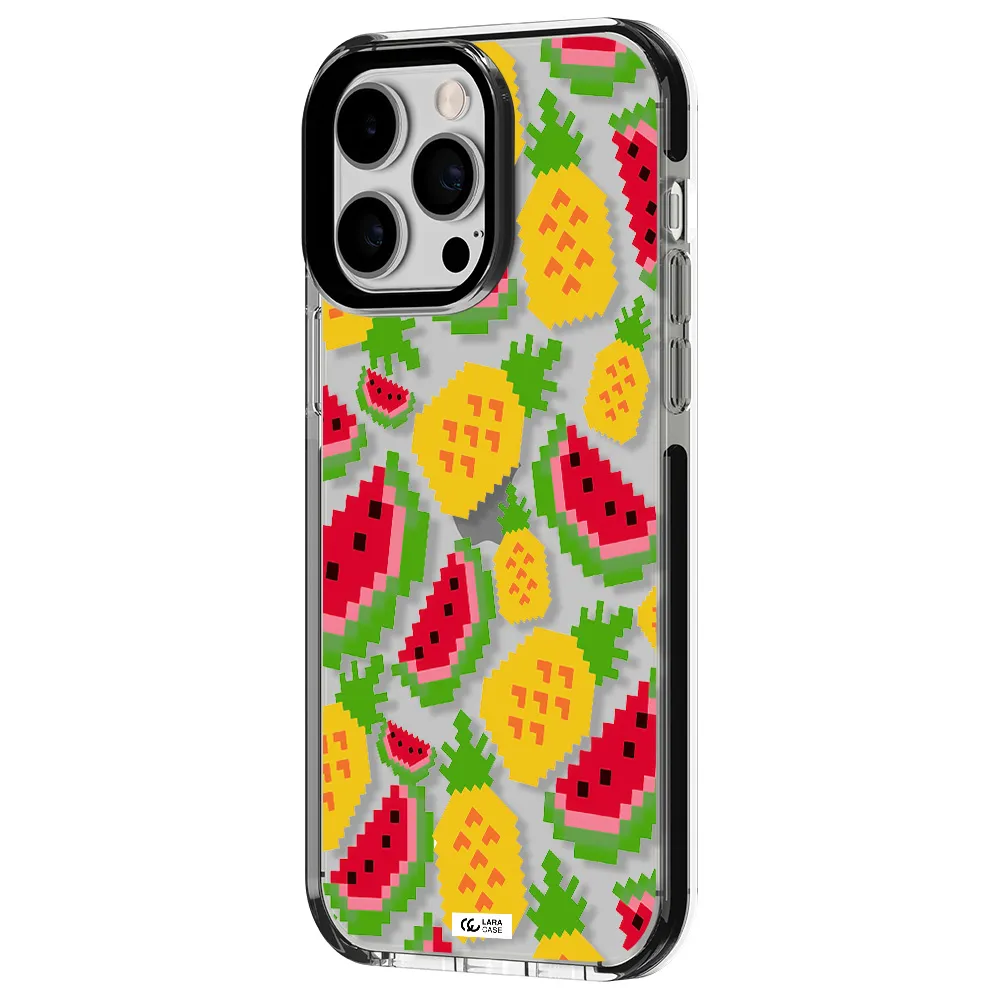 a pattern of watermelon and pineapples Apple iPhone 15 Pro impact black border Case