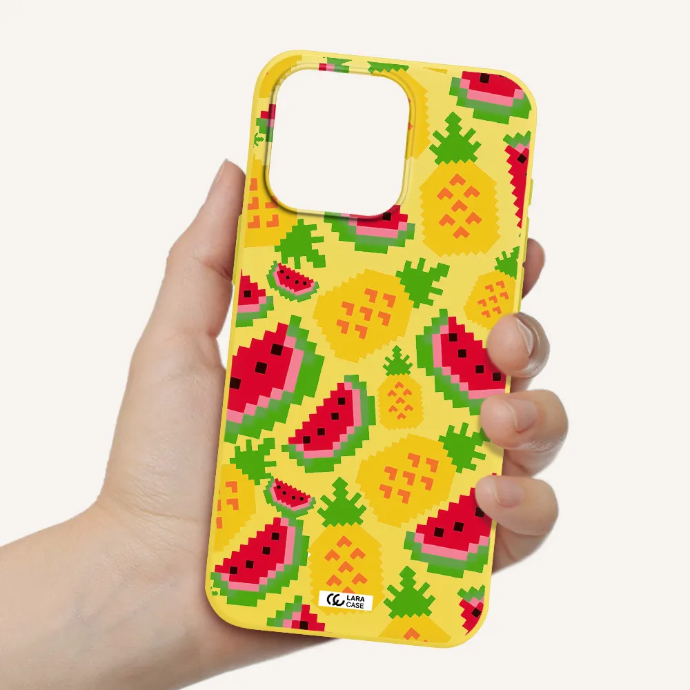 a pattern of watermelon and pineapples Apple Iphone 15 Pro max Silicone canary yellow Case
