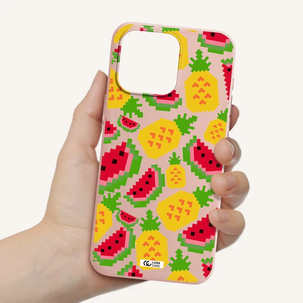 a pattern of watermelon and pineapples Apple Iphone 15 Pro max Silicone pastel pink Case