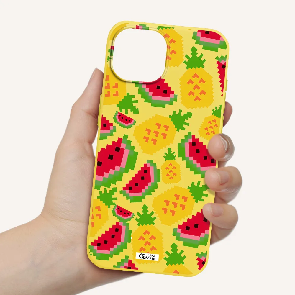 a pattern of watermelon and pineapples Apple iPhone 15 Silicone canary yellow Case