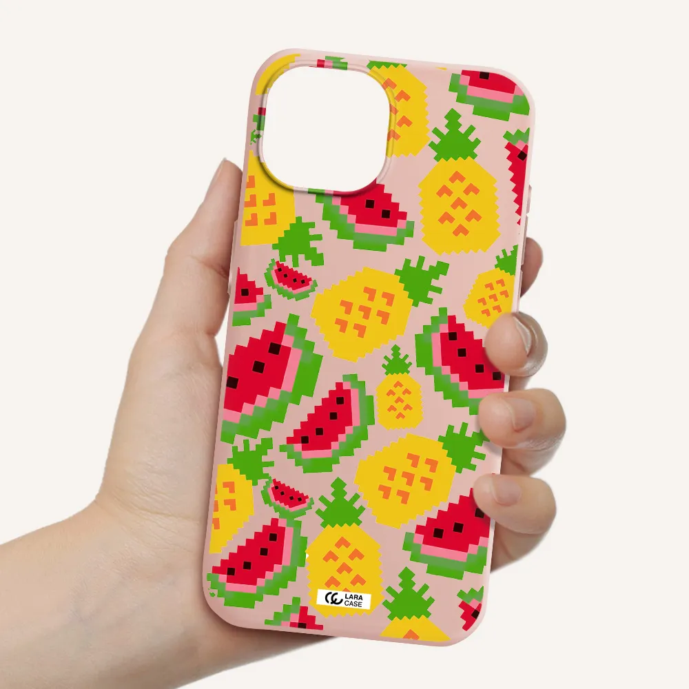 A Pattern Of Watermelon And Pineapples Apple Iphone 15 Silicone Pastel Pink Case