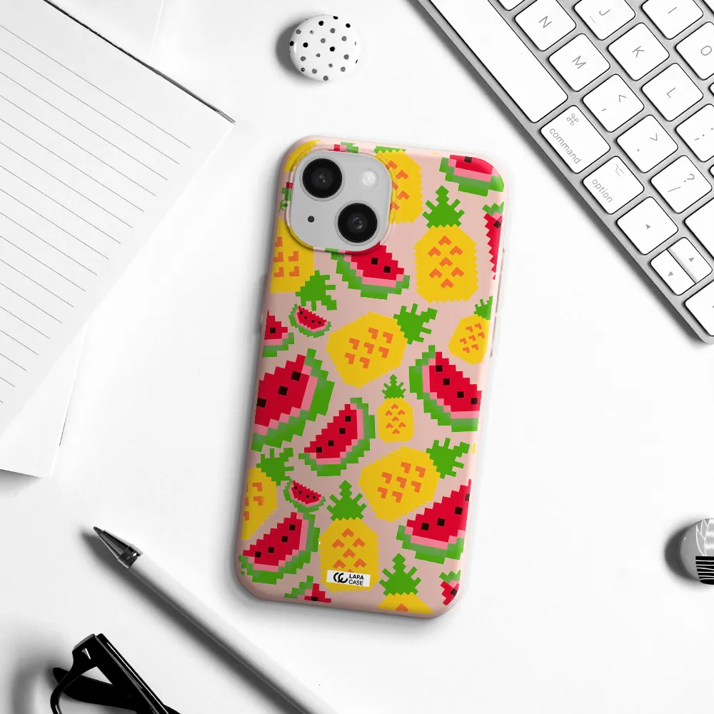 A Pattern Of Watermelon And Pineapples Apple Iphone 15 Silicone Pastel Pink Case