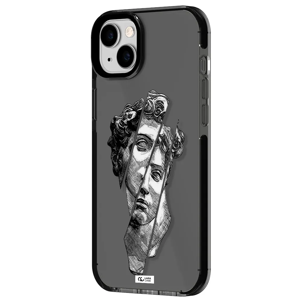 a drawing of a head of a man Apple iPhone 14 plus impact Smoke Black Case