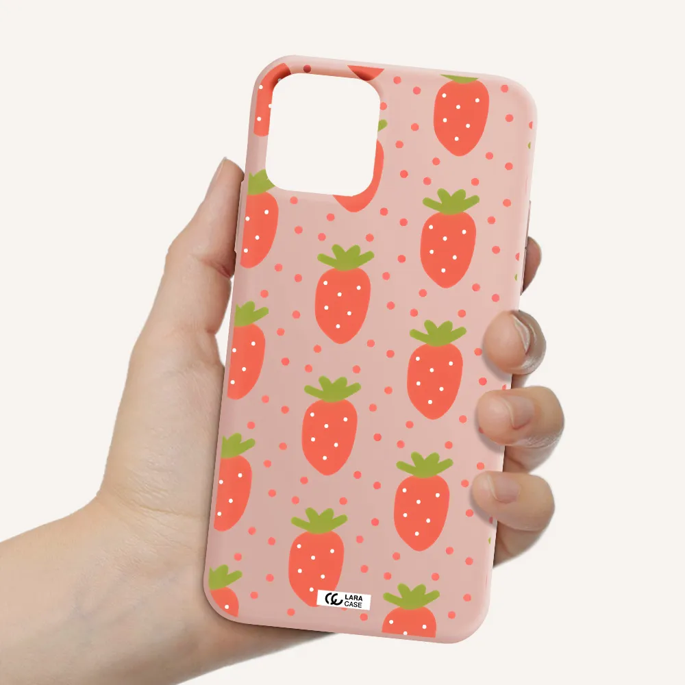 a pattern of strawberries on a white background Apple iPhone 11 pro Silicone pastel pink Case