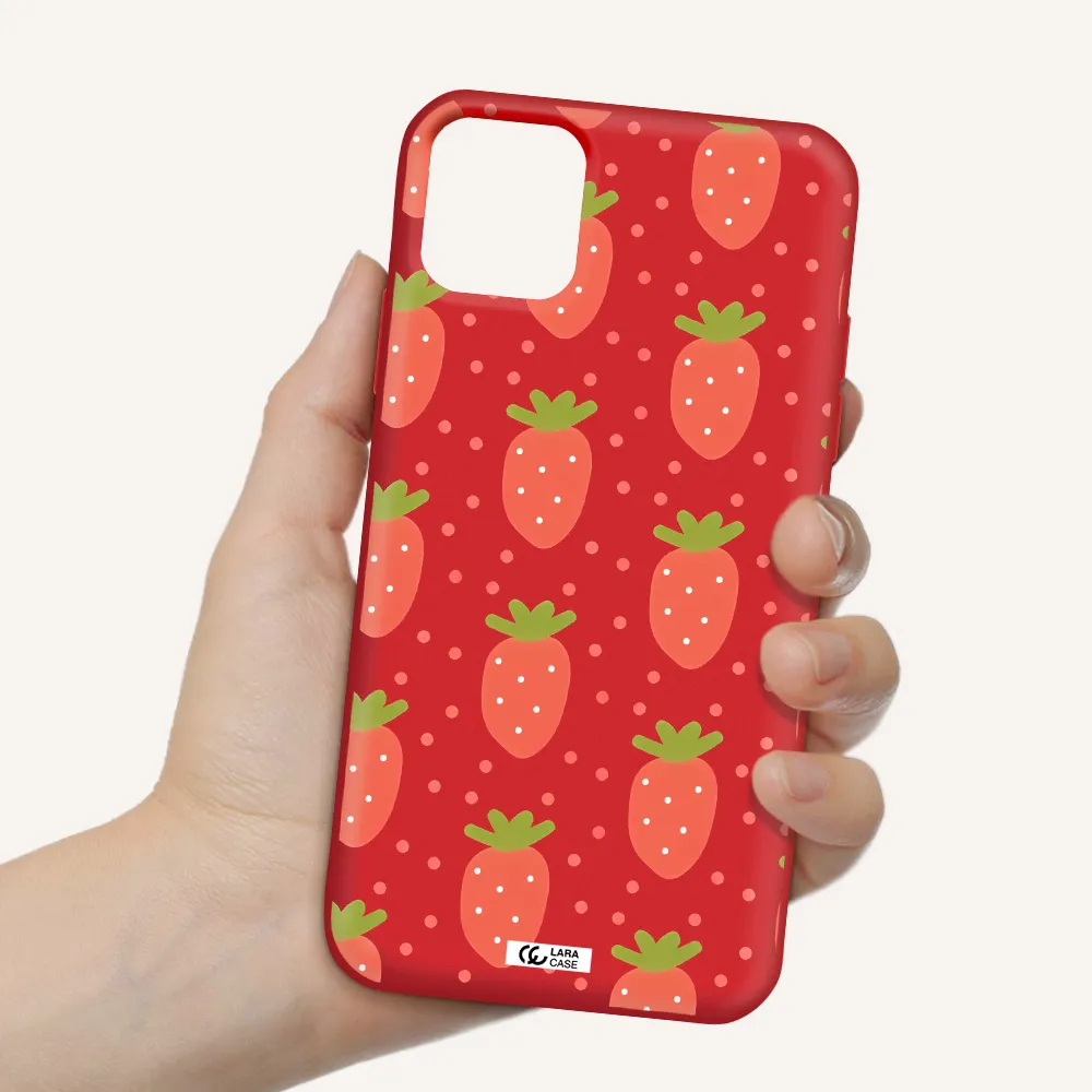 a pattern of strawberries on a white background Apple iPhone 11 Silicone Imperial Red Case