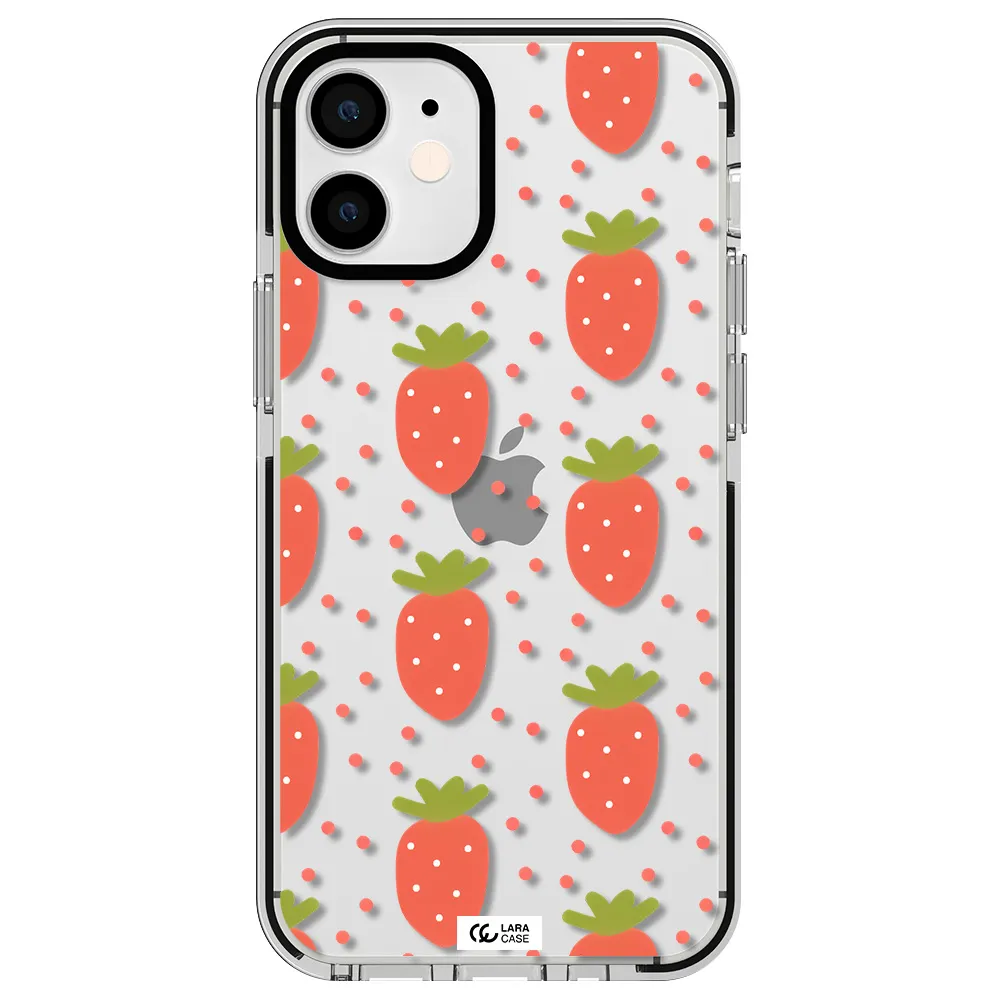 a pattern of strawberries on a white background Apple iPhone 12 mini impact black border Case