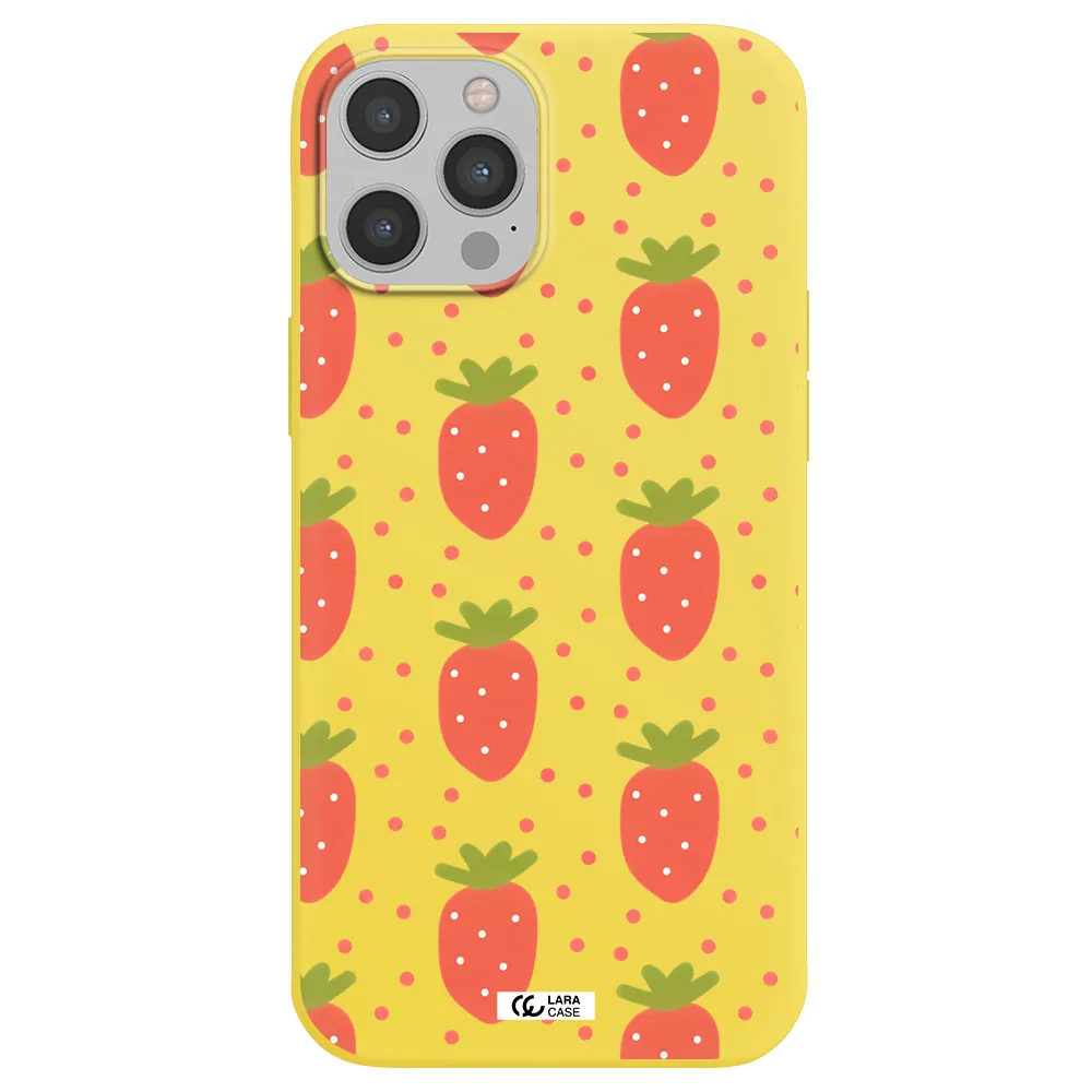 a pattern of strawberries on a white background Apple iPhone 12 pro Silicone canary yellow Case