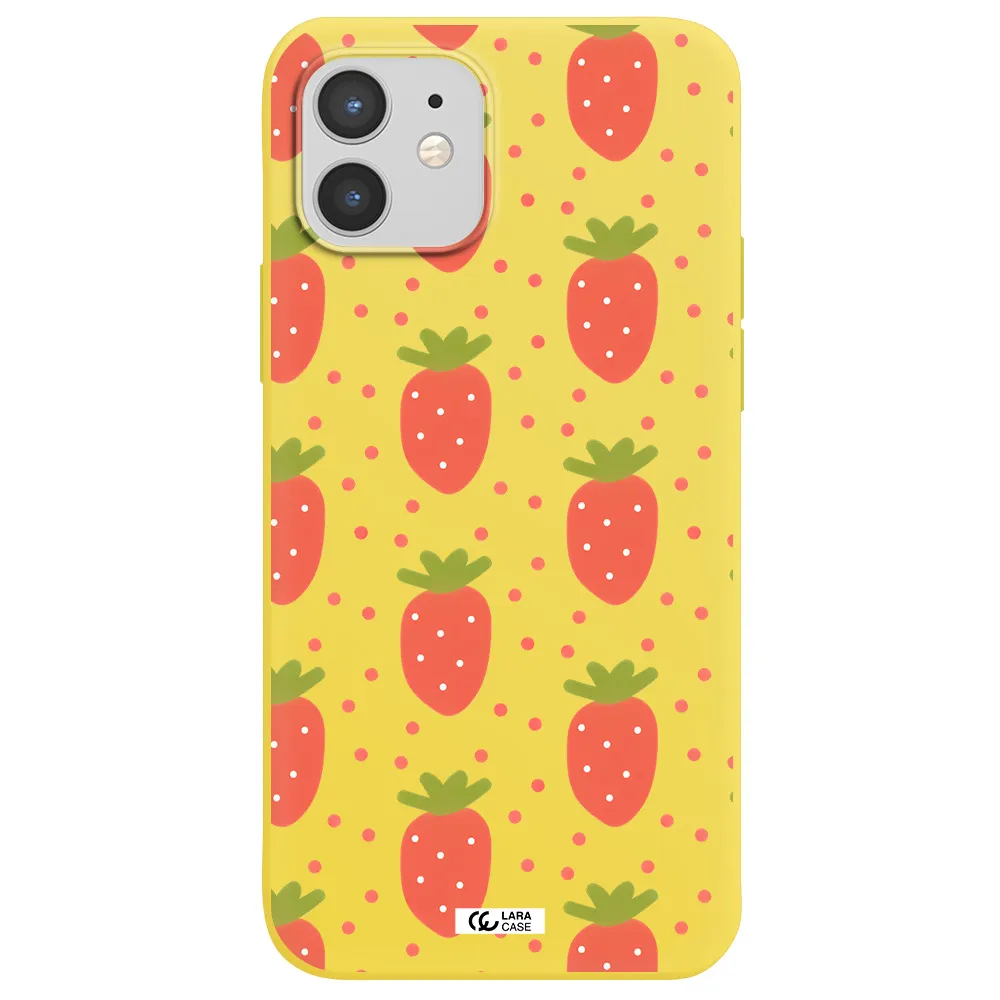 a pattern of strawberries on a white background Apple iPhone 12 Silicone canary yellow Case
