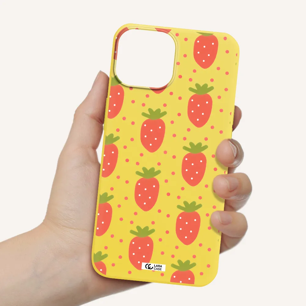 a pattern of strawberries on a white background Apple iPhone 13 mini Silicone canary yellow Case