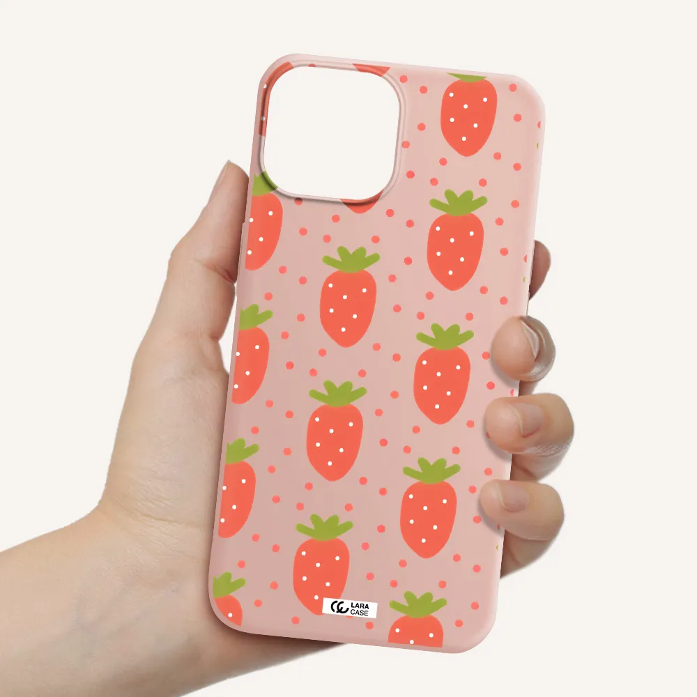 a pattern of strawberries on a white background Apple iPhone 13 mini Silicone pastel pink Case