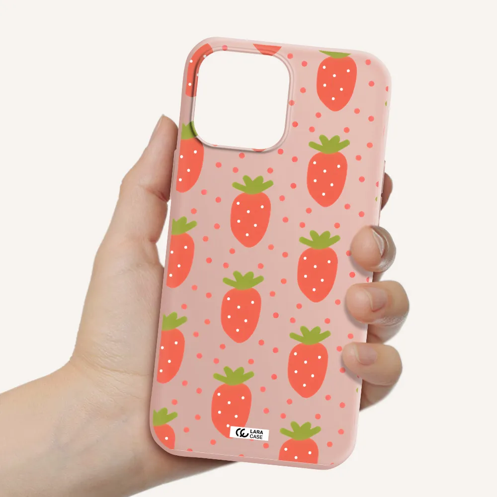 a pattern of strawberries on a white background Apple iPhone 13 Pro Max Silicone pastel pink Case