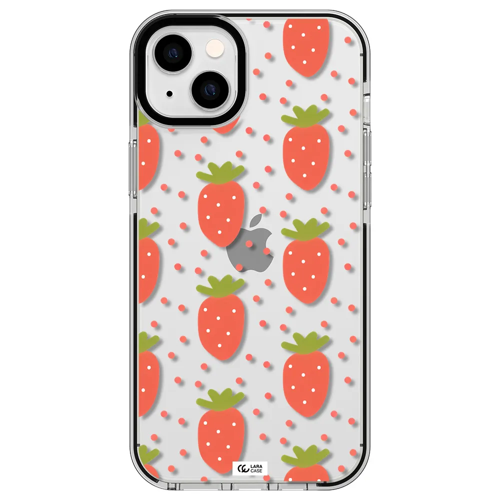 a pattern of strawberries on a white background Apple iPhone 14 plus impact black border Case