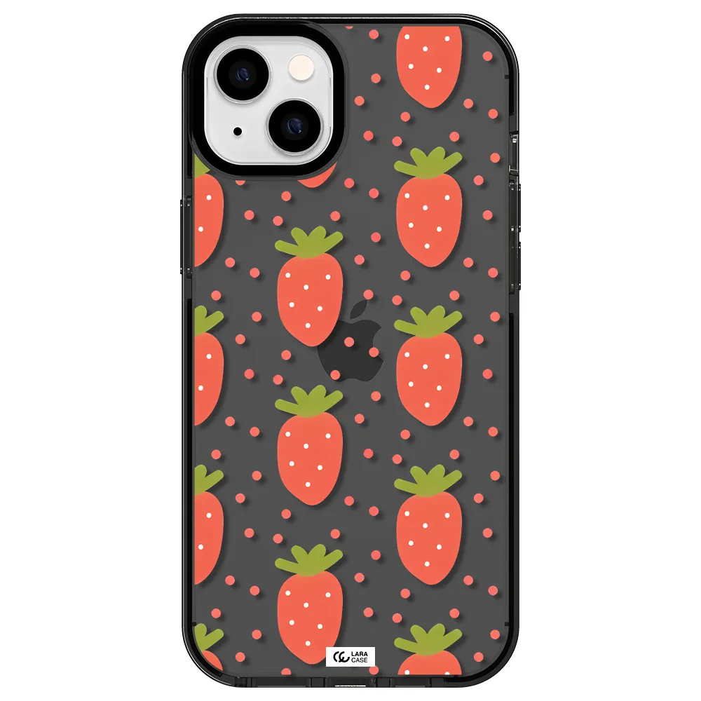 a pattern of strawberries on a white background Apple iPhone 14 plus impact Smoke Black Case