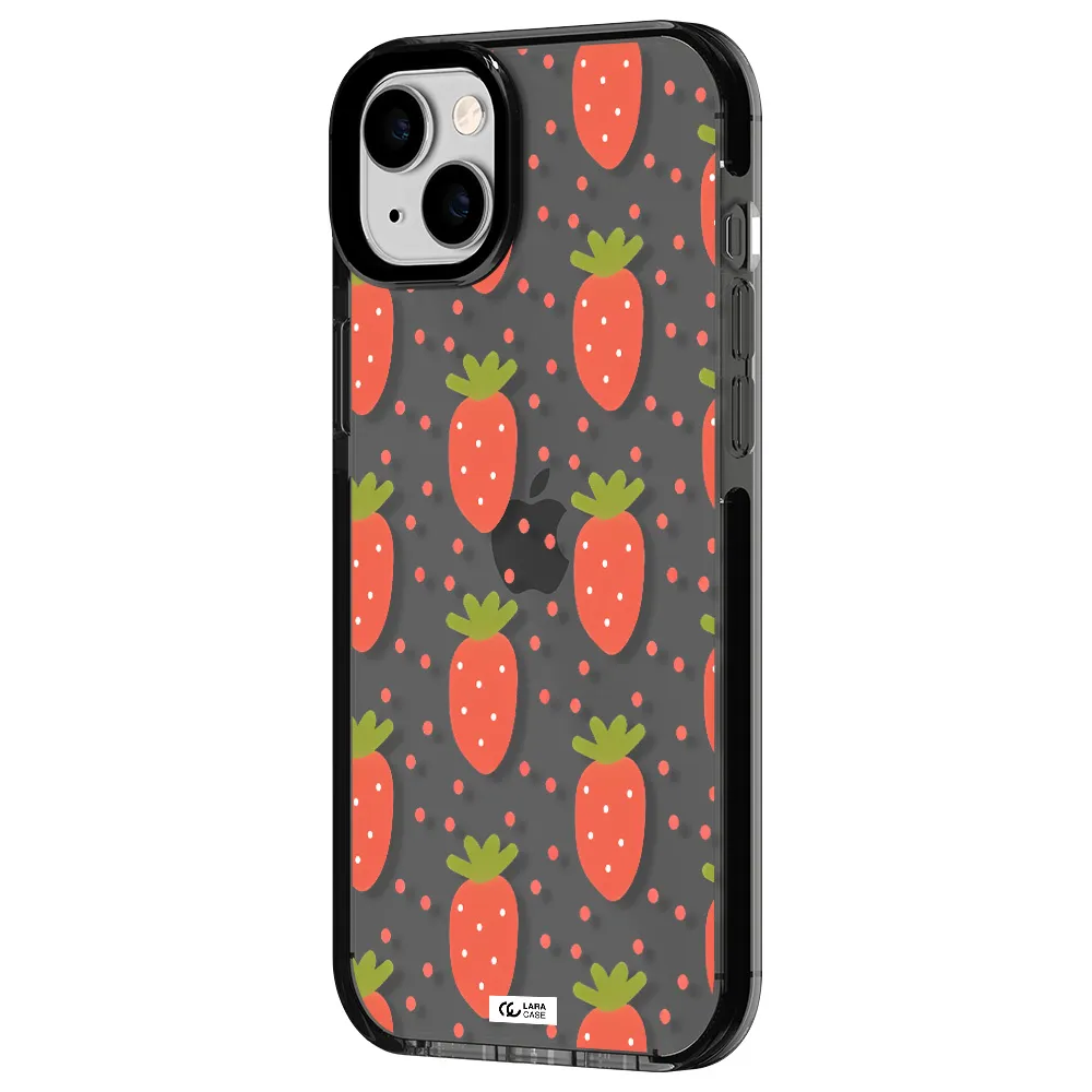 a pattern of strawberries on a white background Apple iPhone 14 plus impact Smoke Black Case
