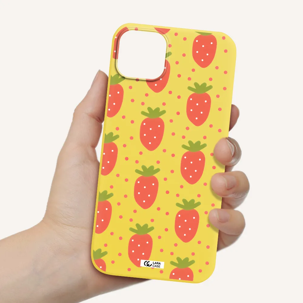 a pattern of strawberries on a white background Apple iPhone 14 plus Silicone canary yellow Case