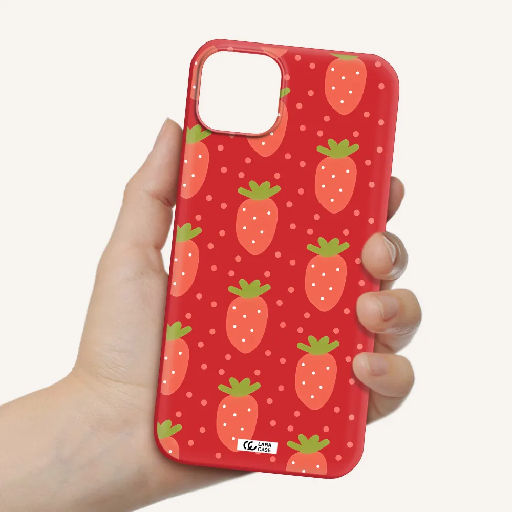 a pattern of strawberries on a white background Apple iPhone 14 plus Silicone Imperial Red Case