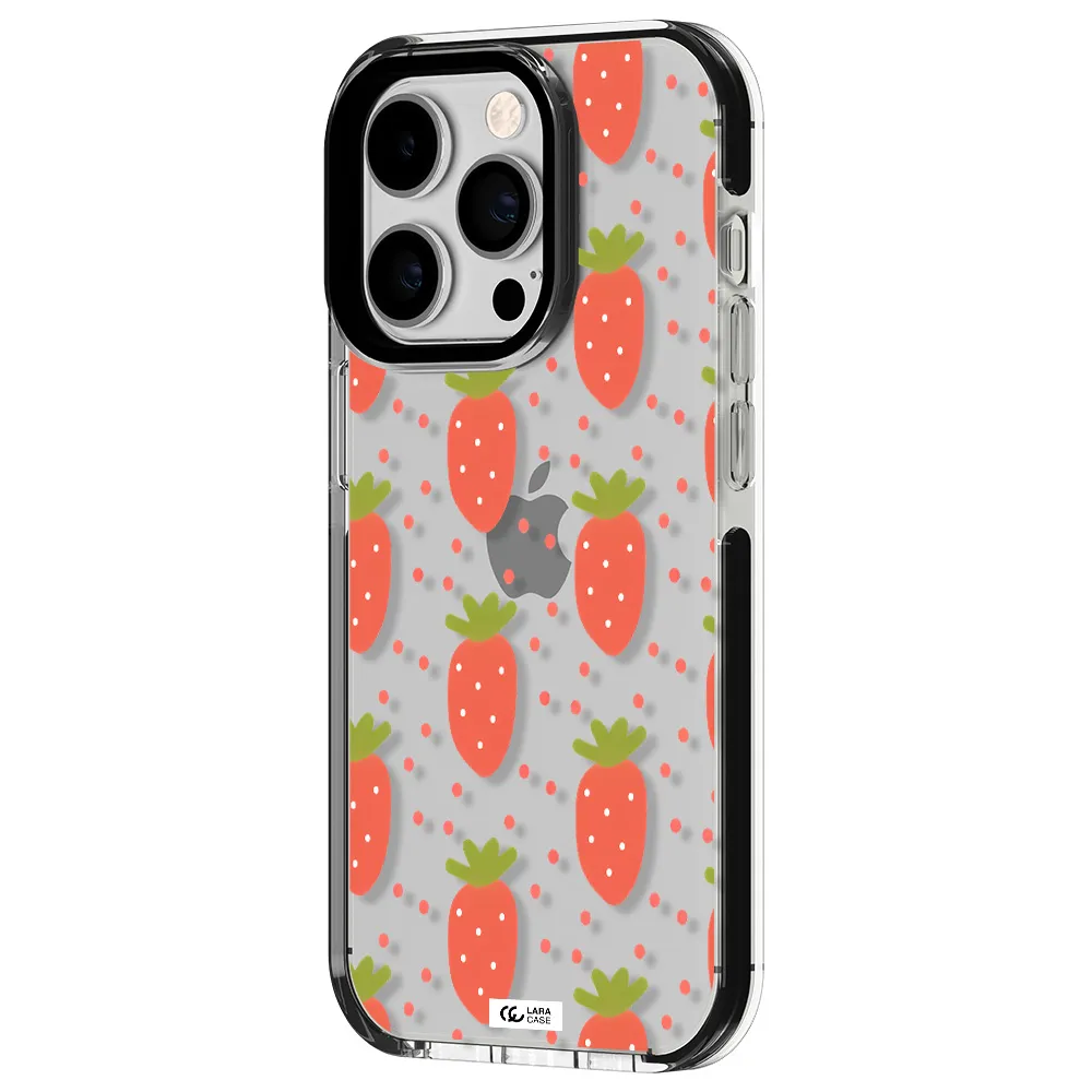 a pattern of strawberries on a white background Apple iPhone 14 pro impact black border Case