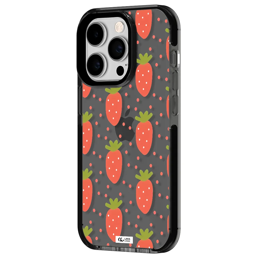 a pattern of strawberries on a white background Apple iPhone 14 pro impact Smoke Black Case