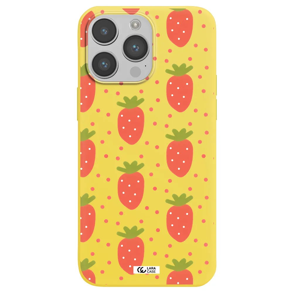 a pattern of strawberries on a white background Apple iPhone 14 pro max Silicone canary yellow Case