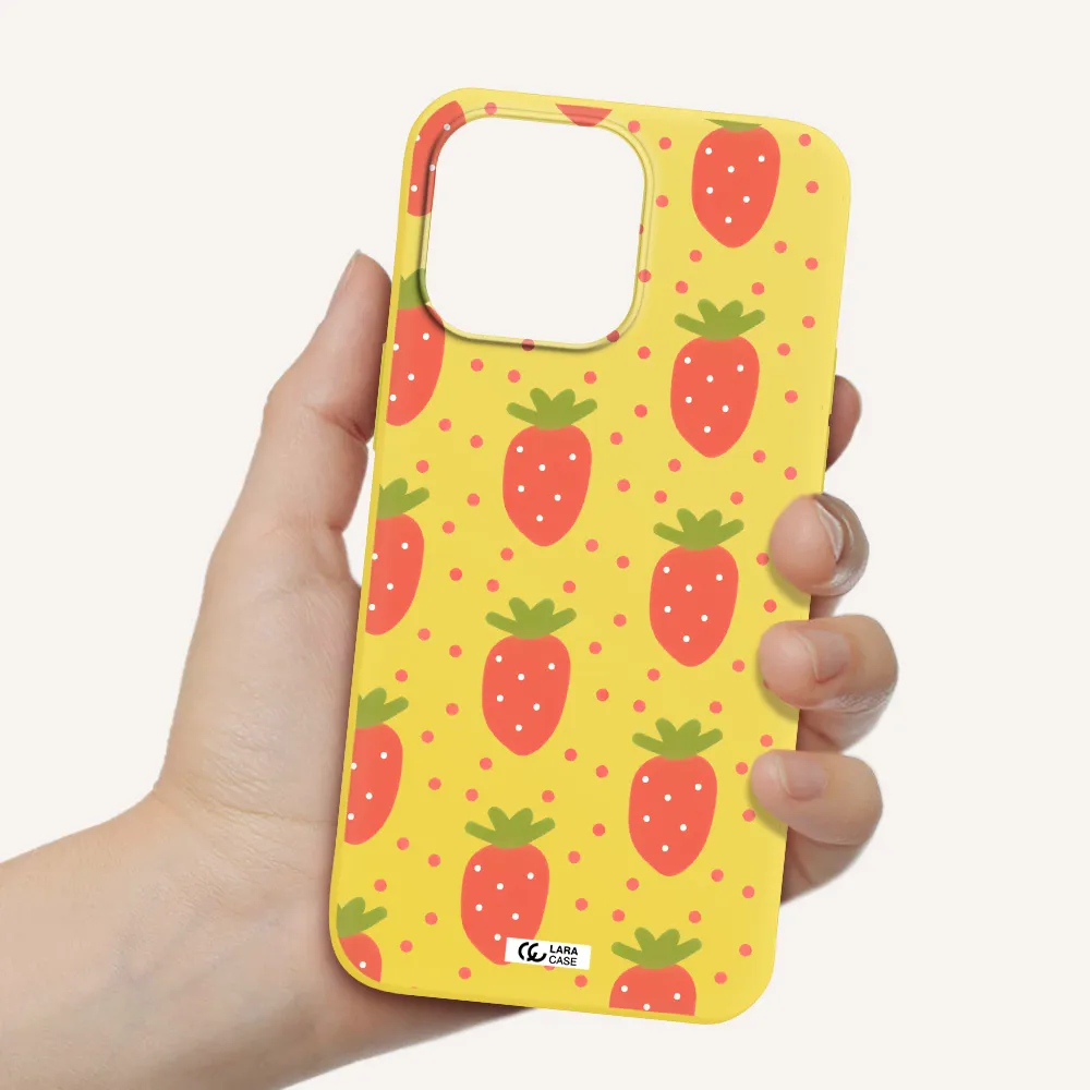 a pattern of strawberries on a white background Apple iPhone 14 pro Silicone canary yellow Case