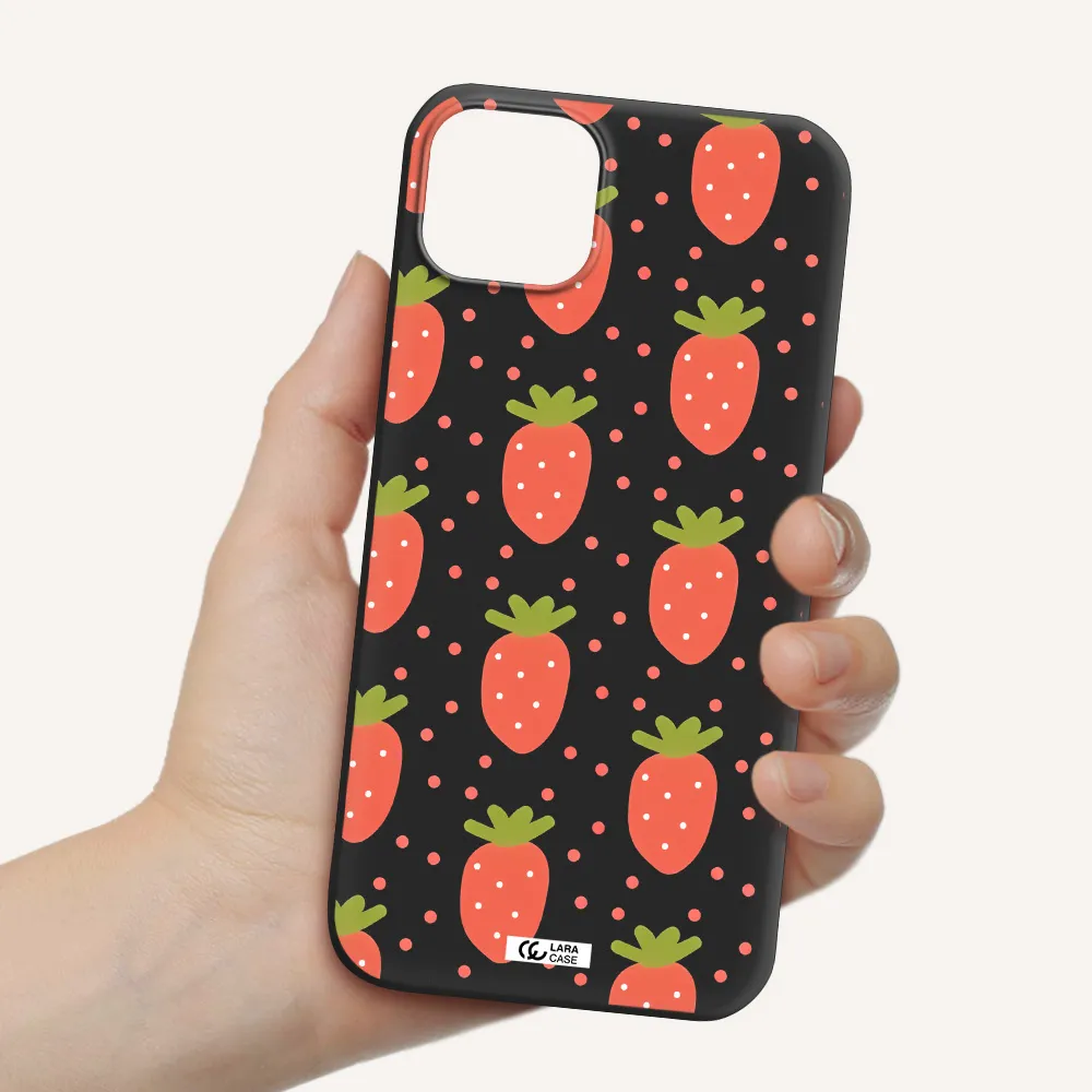 a pattern of strawberries on a white background Apple iPhone 14 Silicone black Case