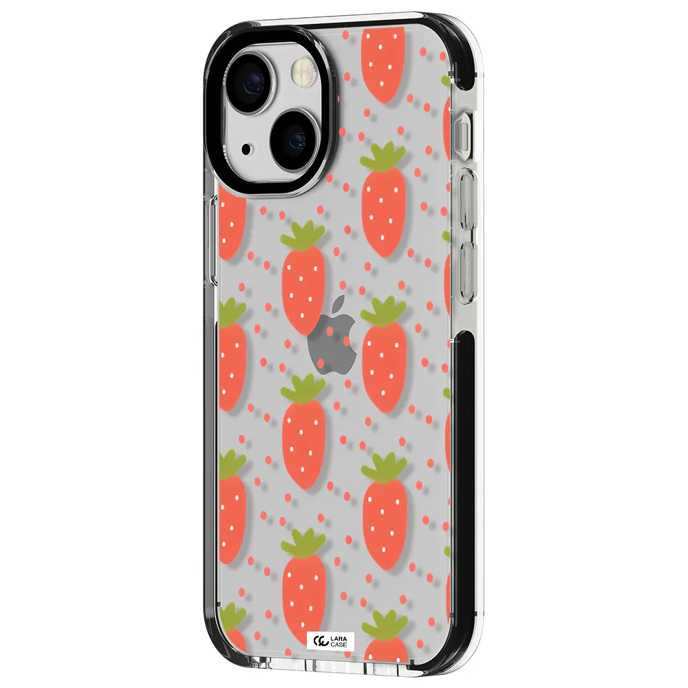 a pattern of strawberries on a white background Apple iPhone 15 impact black border Case
