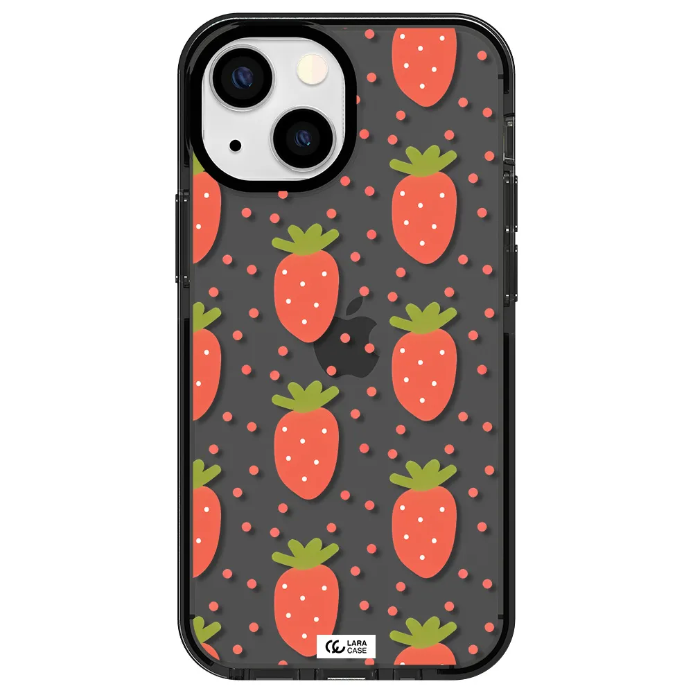 a pattern of strawberries on a white background Apple iPhone 15 impact Smoke Black Case