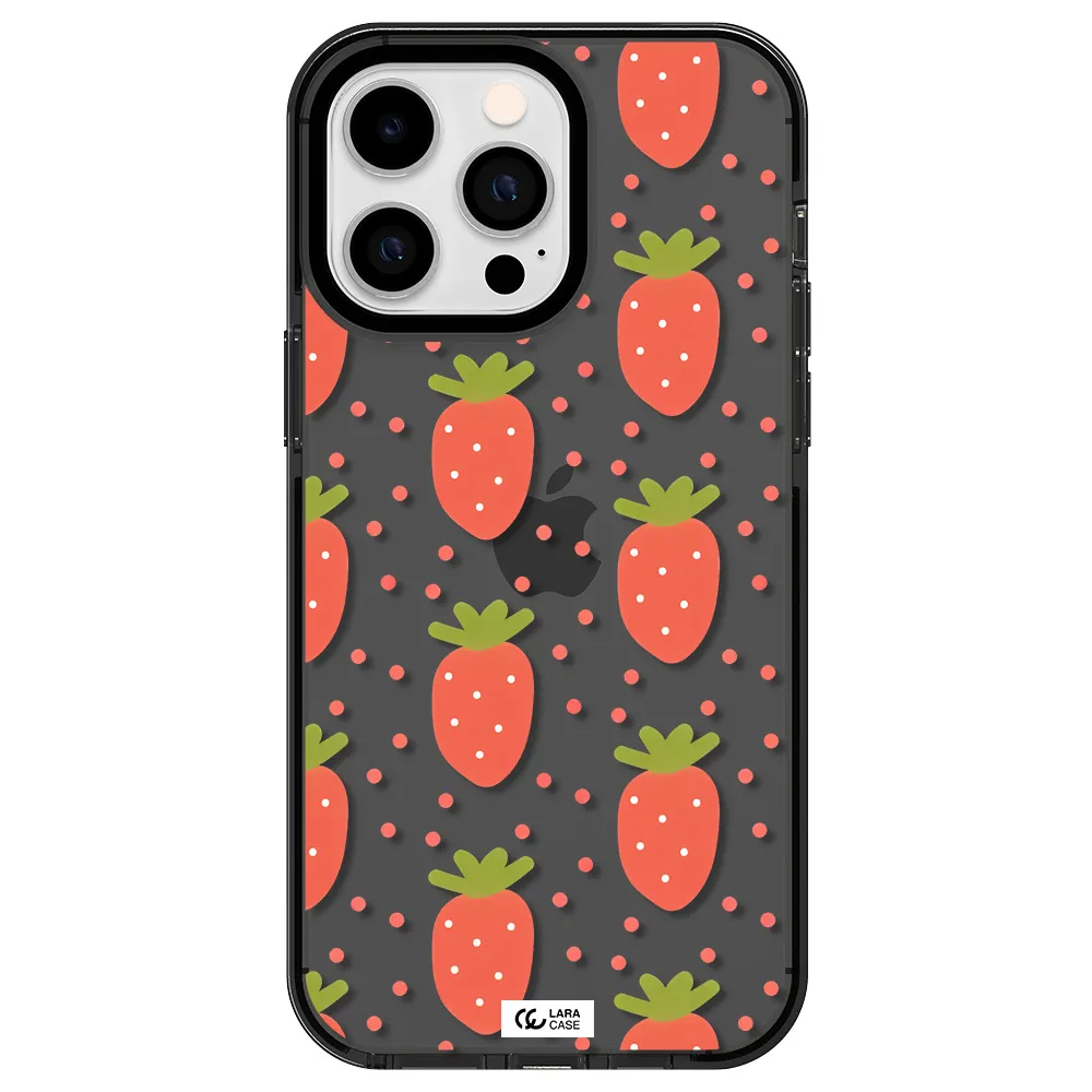 a pattern of strawberries on a white background Apple iPhone 15 Pro impact Smoke Black Case