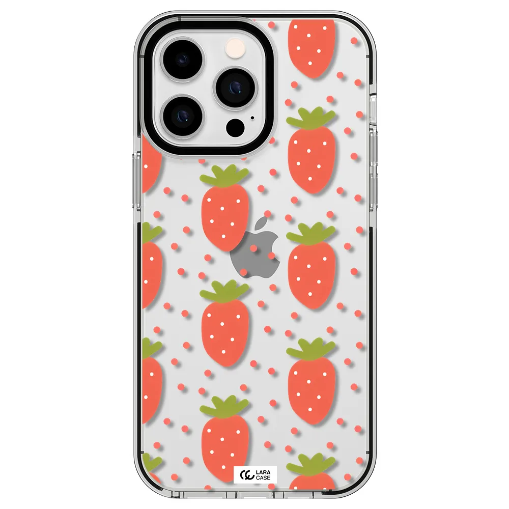 a pattern of strawberries on a white background Apple iPhone 15 Pro Max impact black border Case