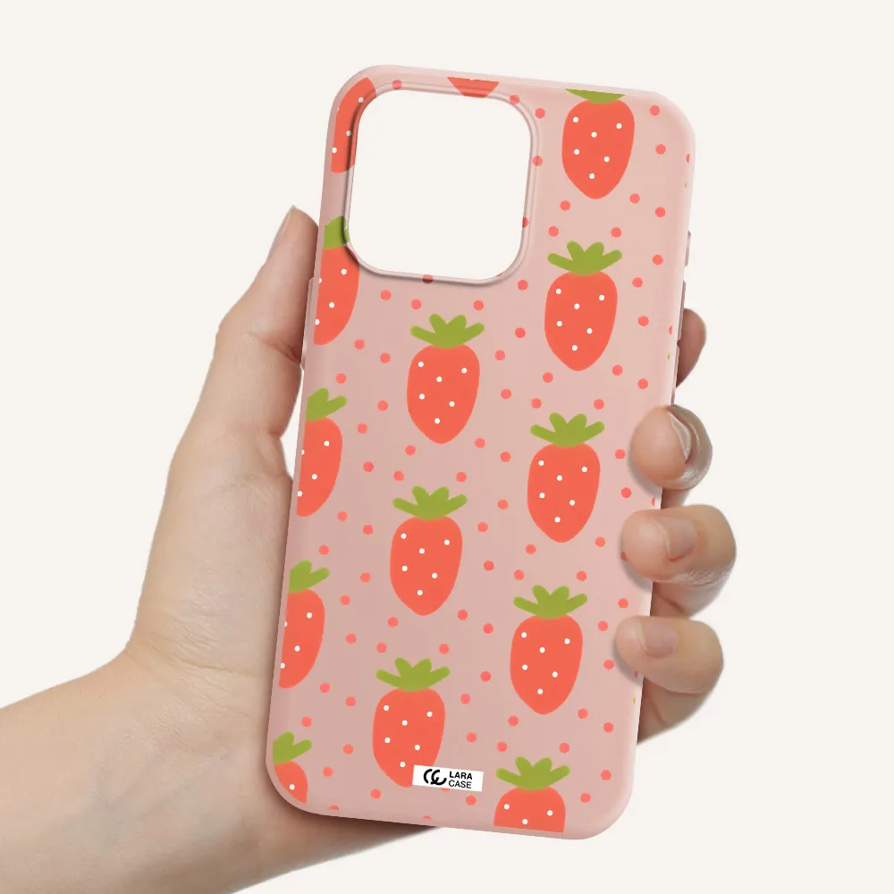 a pattern of strawberries on a white background Apple Iphone 15 Pro max Silicone pastel pink Case