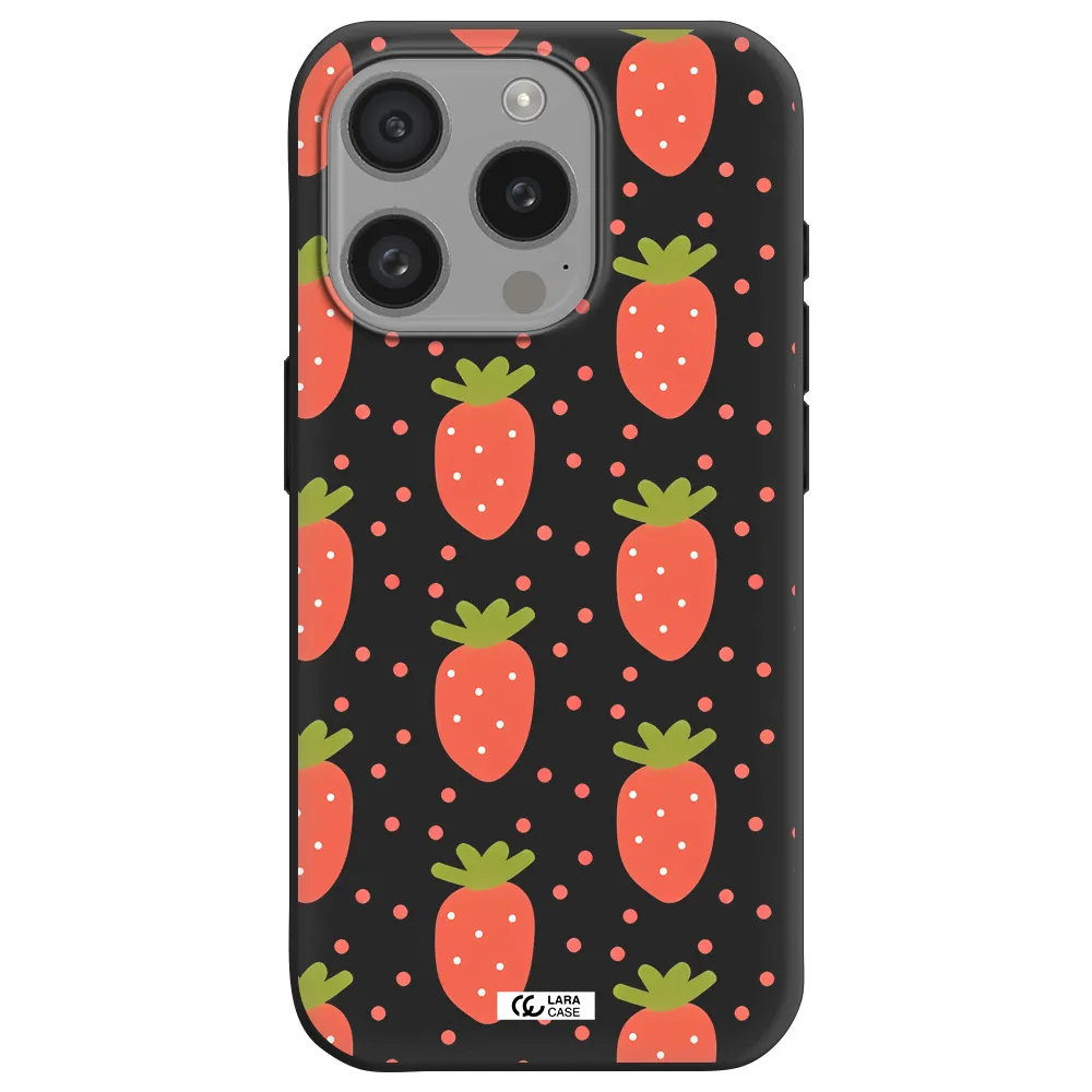 A Pattern Of Strawberries On A White Background Apple Iphone 15 Pro Silicone Black Case