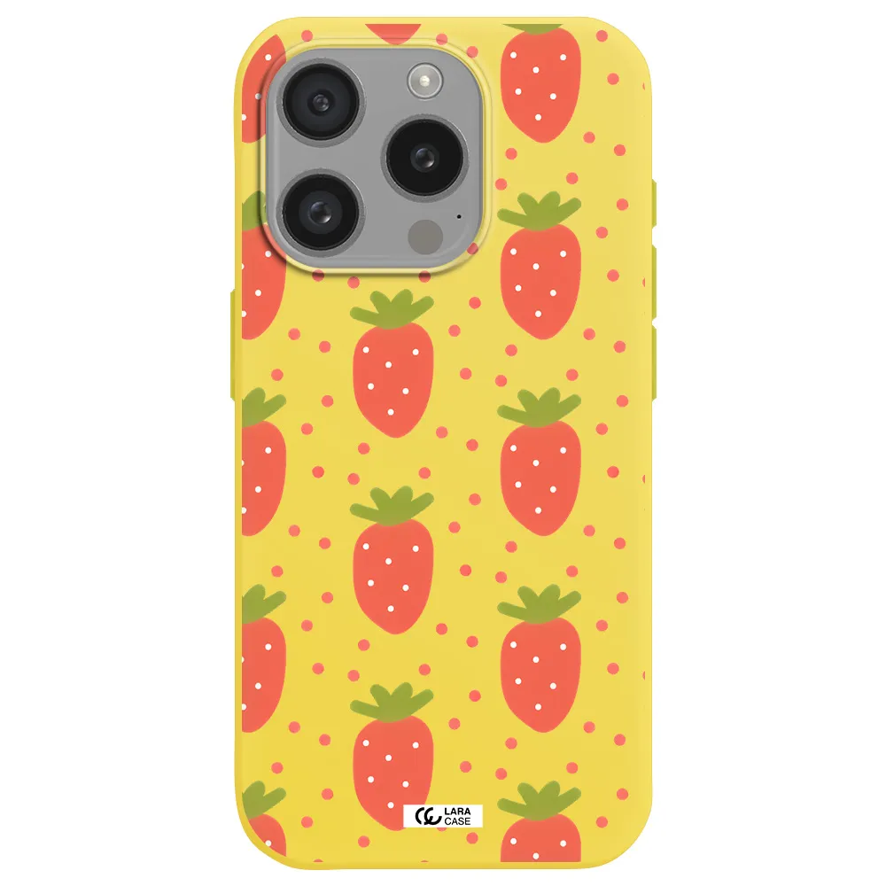 A Pattern Of Strawberries On A White Background Apple Iphone 15 Pro Silicone Canary Yellow Case