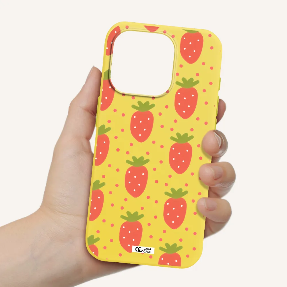 A Pattern Of Strawberries On A White Background Apple Iphone 15 Pro Silicone Canary Yellow Case