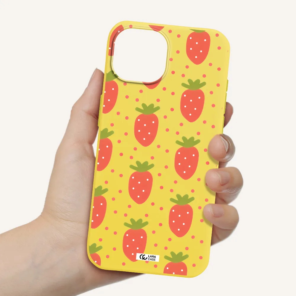 a pattern of strawberries on a white background Apple iPhone 15 Silicone canary yellow Case