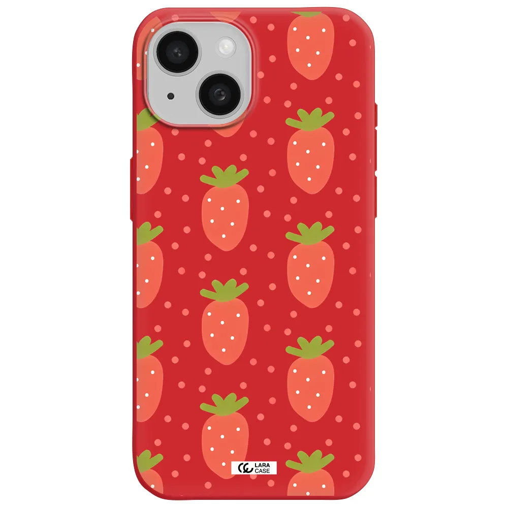 A Pattern Of Strawberries On A White Background Apple Iphone 15 Silicone Imperial Red Case