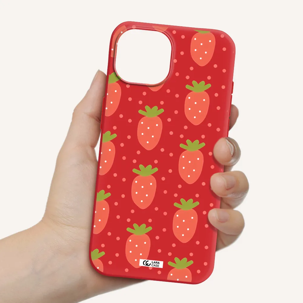 A Pattern Of Strawberries On A White Background Apple Iphone 15 Silicone Imperial Red Case
