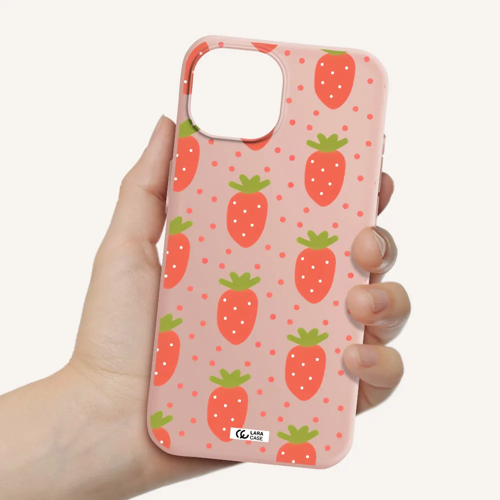 A Pattern Of Strawberries On A White Background Apple Iphone 15 Silicone Pastel Pink Case