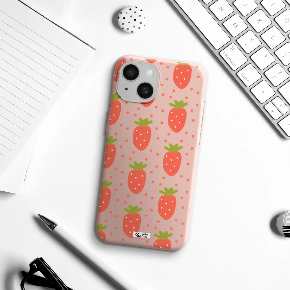 A Pattern Of Strawberries On A White Background Apple Iphone 15 Silicone Pastel Pink Case