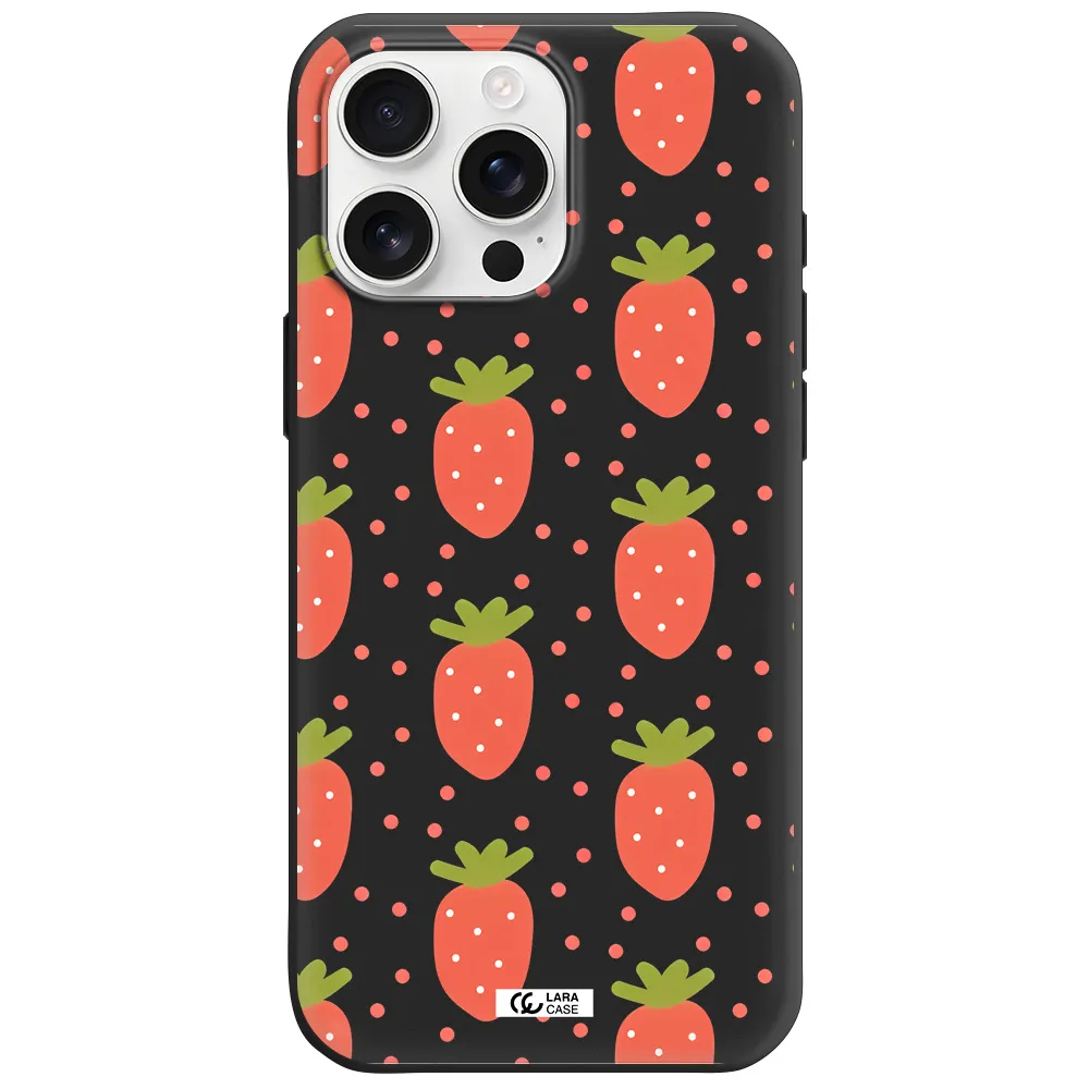 A Pattern Of Strawberries On A White Background Apple Iphone 16 Pro Max Silicone Black Case