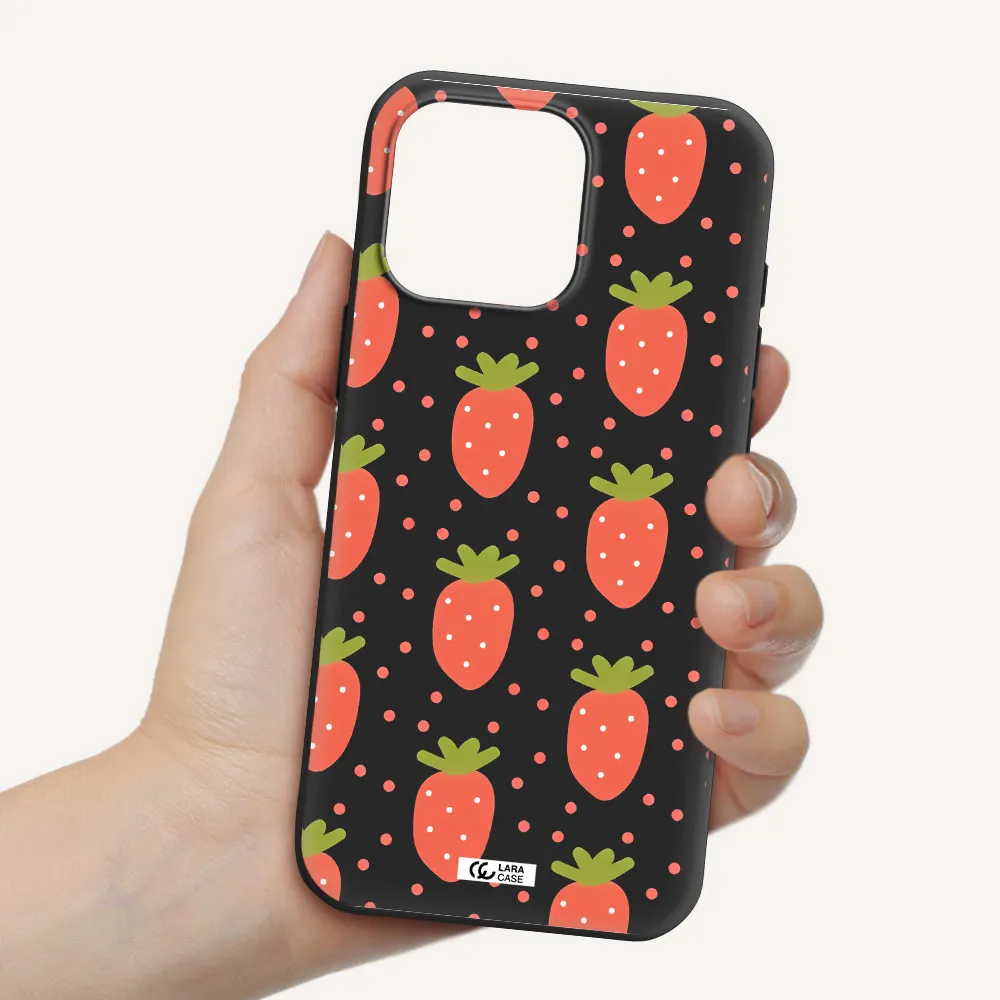 A Pattern Of Strawberries On A White Background Apple Iphone 16 Pro Max Silicone Black Case