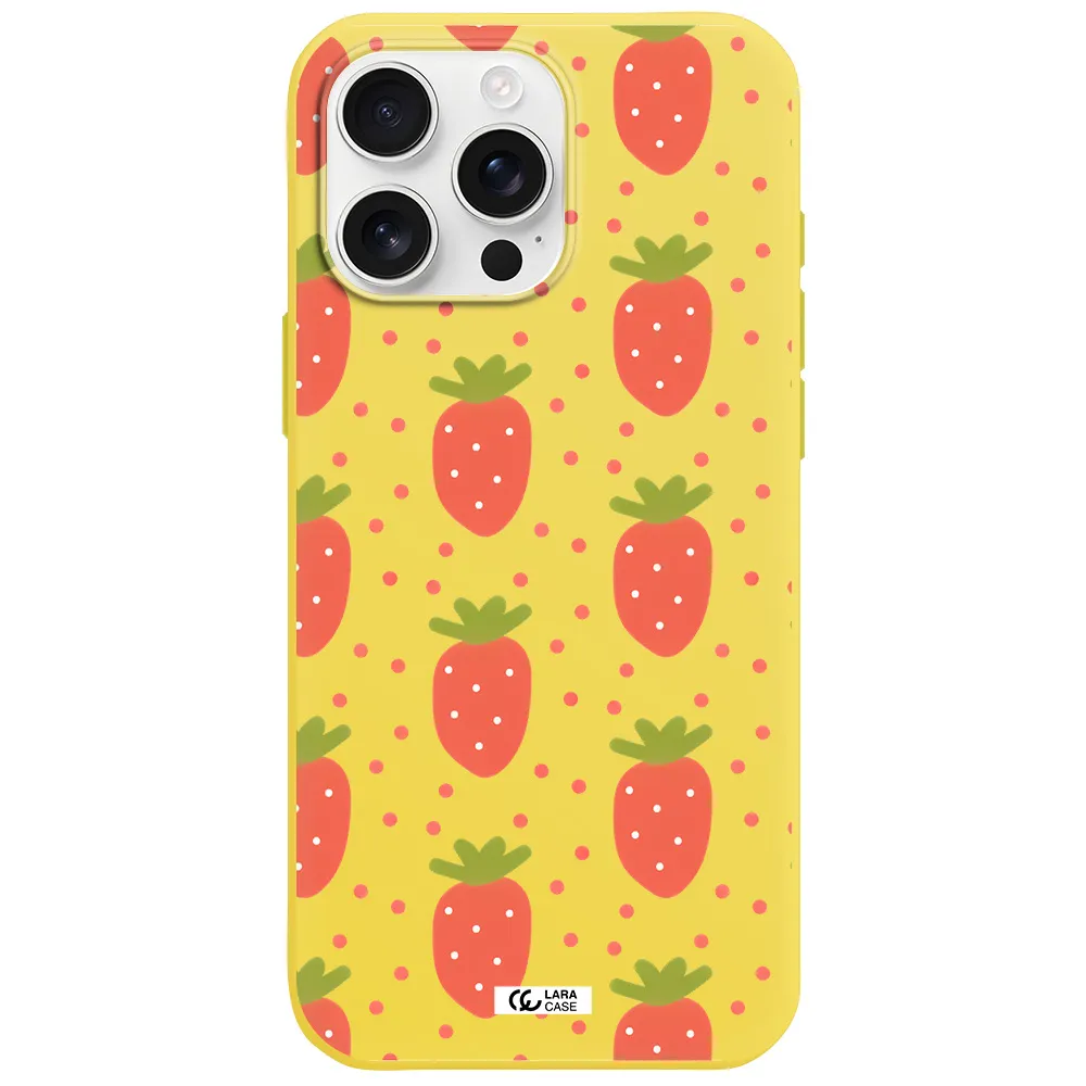 A Pattern Of Strawberries On A White Background Apple Iphone 16 Pro Max Silicone Canary Yellow Case