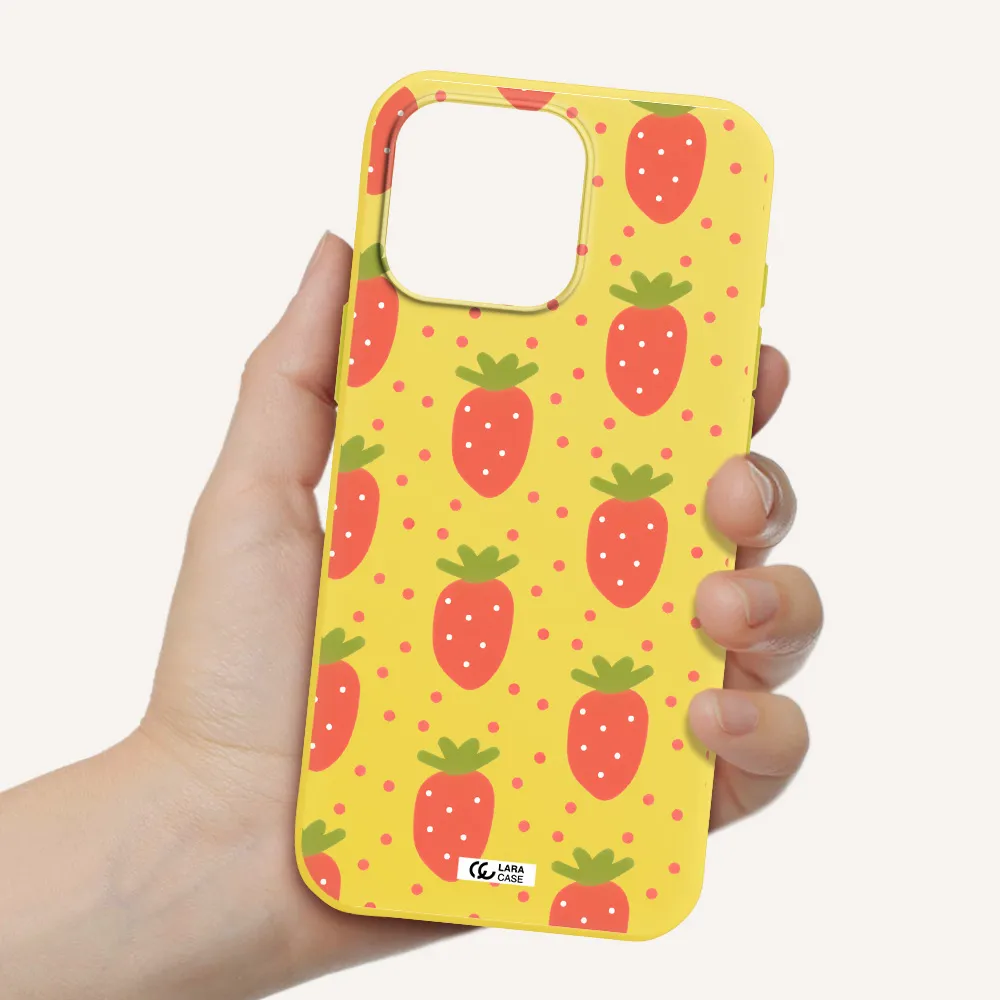 A Pattern Of Strawberries On A White Background Apple Iphone 16 Pro Max Silicone Canary Yellow Case