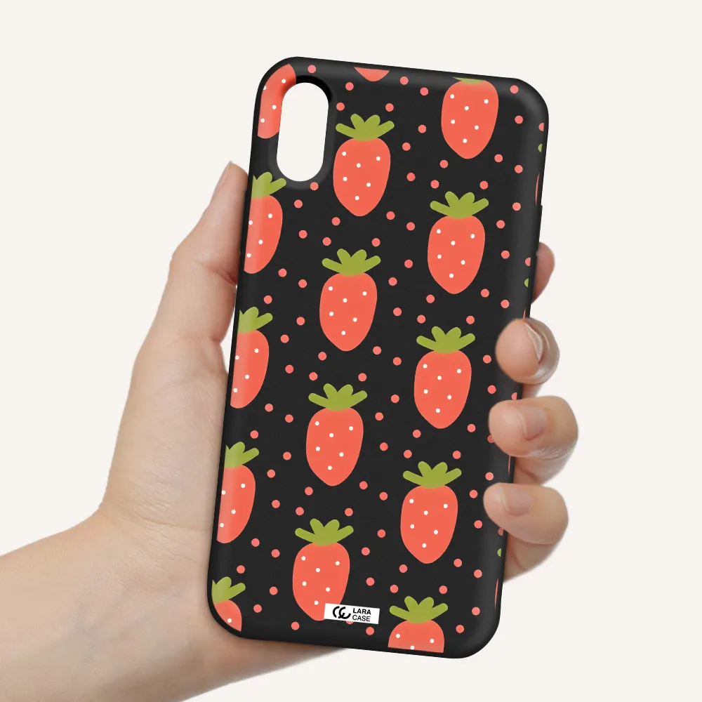 a pattern of strawberries on a white background Apple iPhone XS Silicone black Case