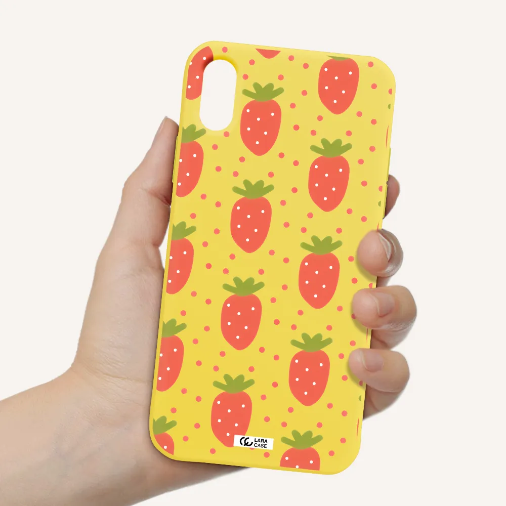 a pattern of strawberries on a white background Apple iPhone XS Silicone canary yellow Case