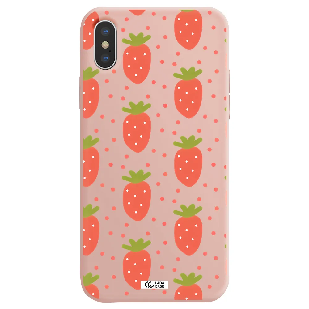 a pattern of strawberries on a white background Apple iPhone XS Silicone pastel pink Case