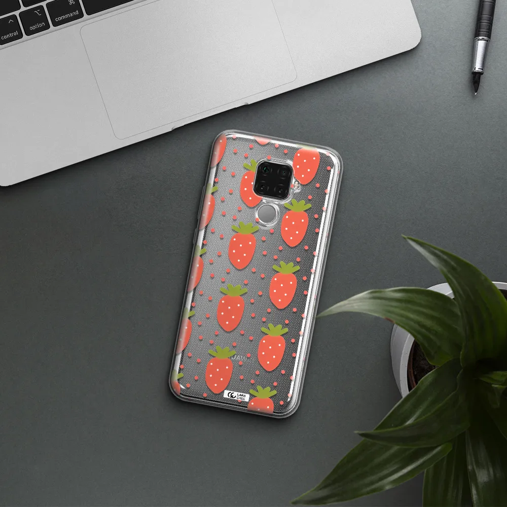 a pattern of strawberries on a white background Huawei Mate 30 Lite Clear TPU Case
