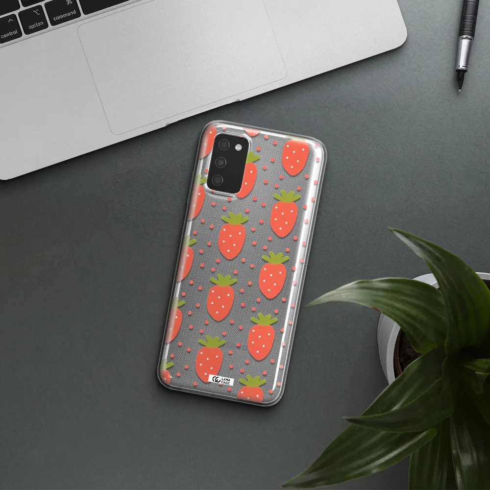 a pattern of strawberries on a white background Samsung A03S Clear TPU Case